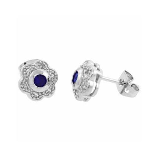 Sterling Silver Blue & Clear CZ  Flower Earrings