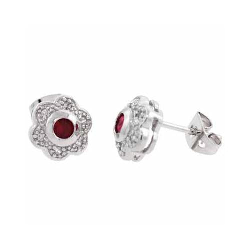 Sterling Silver Red & White CZ Flower Stud Earrings