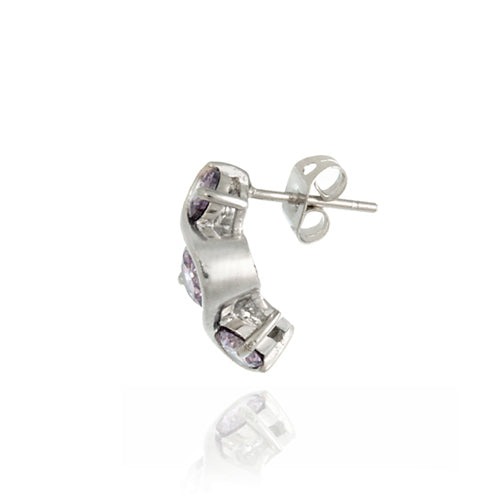 Sterling Silver Amethyst CZ Three Stone S Design Earrings-2