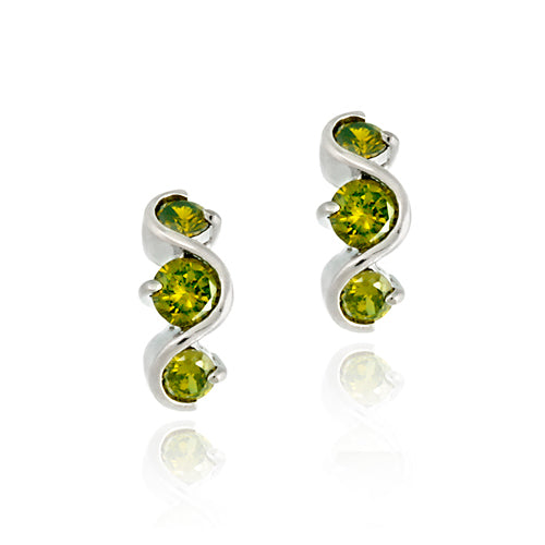 Sterling Silver Olive Green CZ Three Stone S Earrings