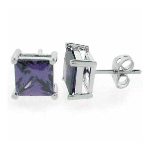 Sterling Silver Amethyst CZ Square Stud Earrings