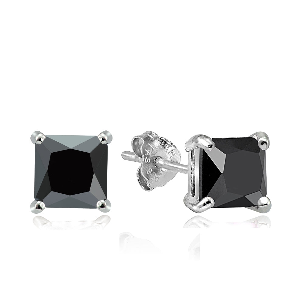 Sterling Silver 4ct Black Cubic Zirconia 7mm Square Stud Earrings