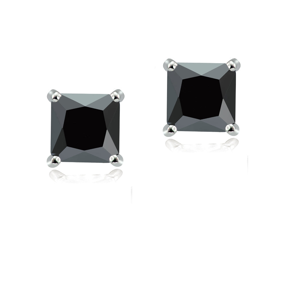 Sterling Silver 4ct Black Cubic Zirconia 7mm Square Stud Earrings-2