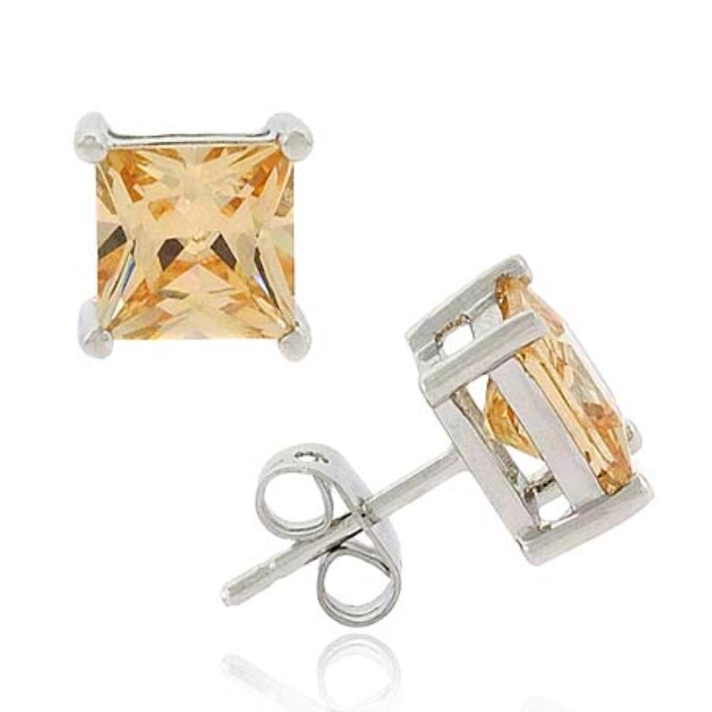 Sterling Silver Champagne CZ Square Stud Earrings