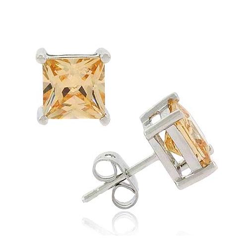 Sterling Silver Champagne CZ Square Stud Earrings-2