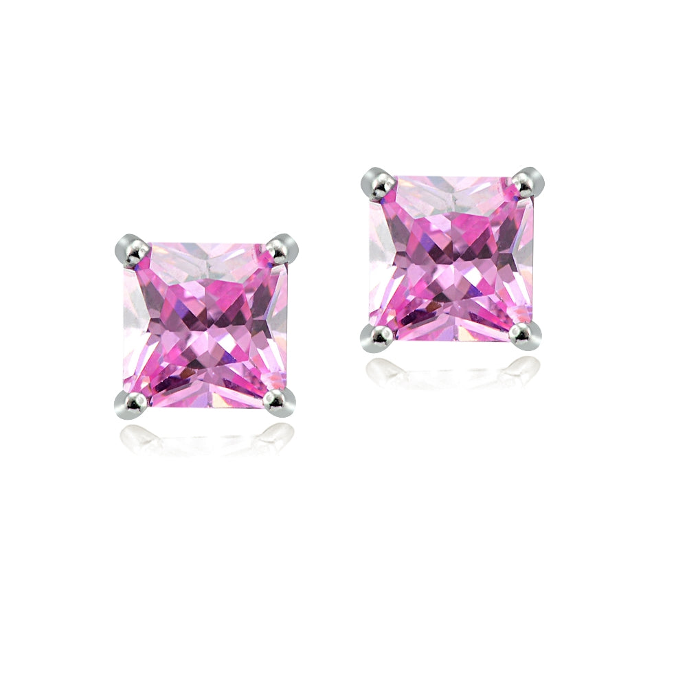 Sterling Silver 4ct Light Pink Cubic Zirconia 7mm Square Stud Earrings-2