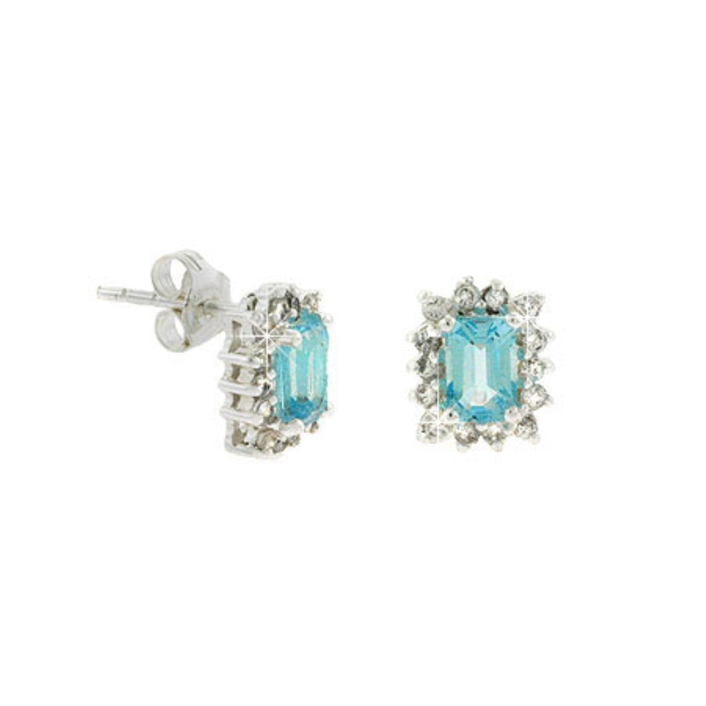 Sterling Silver Blue Topaz & CZ Stud Earrings