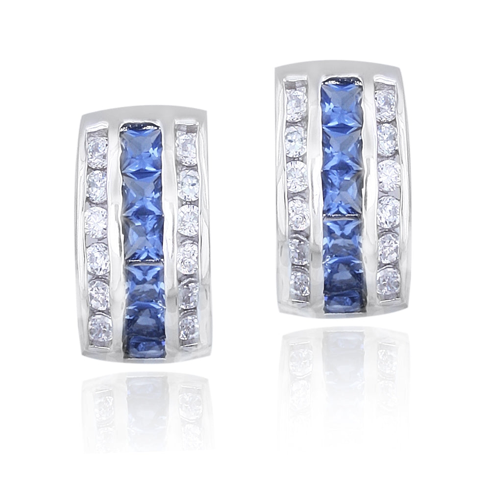 Sterling Silver Tanzanite & Clear CZ Pattern 3 Row Earrings