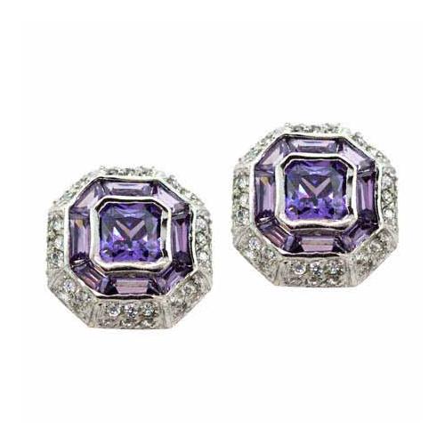 Sterling Silver Amethyst and Colorless CZ Modern Octagon Earrings