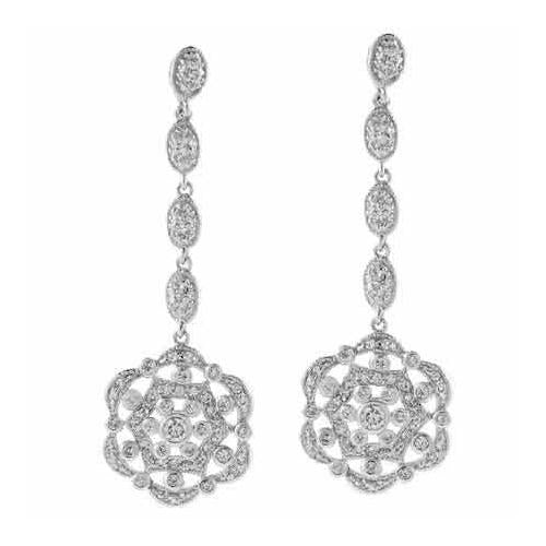 Sterling Silver CZ Flower Dangle Earrings
