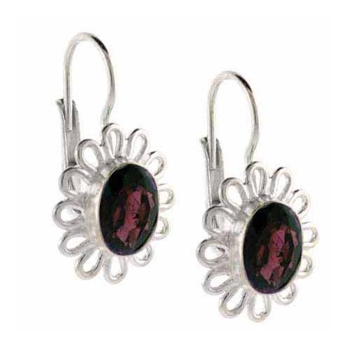 Sterling Silver Garnet & Flower Leverback Earrings