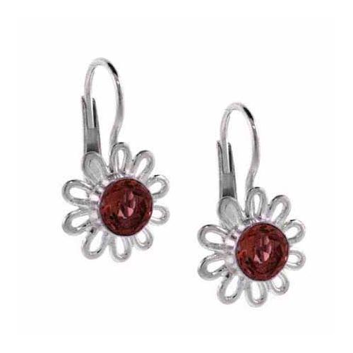 Sterling Silver Garnet Flower Leverback Earrings