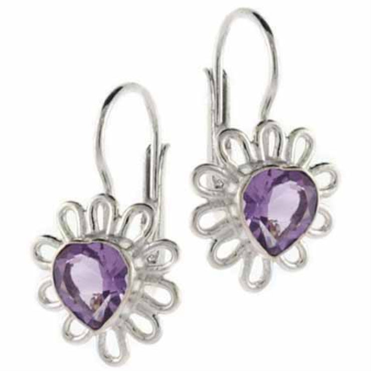 Sterling Silver Heart Amethyst Flower Leverback Earrings