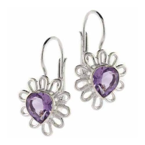 Sterling Silver Heart Amethyst Flower Leverback Earrings-2
