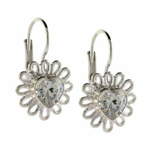 Sterling Silver CZ Heart Flower Leverback Earrings