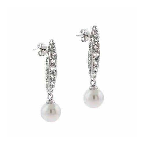 Sterling Silver CZ & Created White Pearl Dangle Earrings