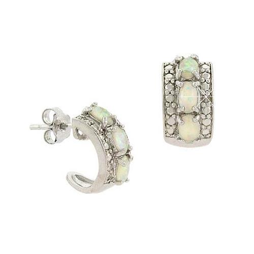 Sterling Silver Created White Opal & Diamond Accent Half Hoop Earrings