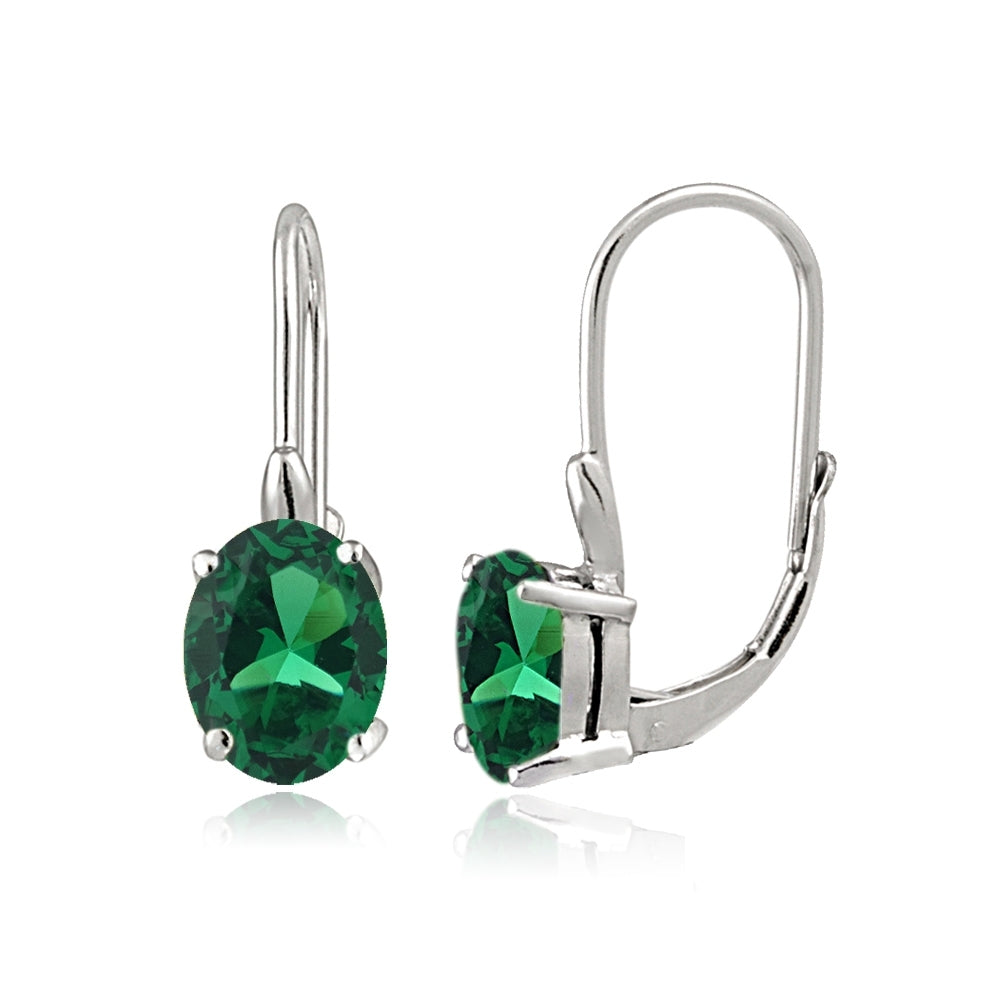 Sterling Silver Created Emerald 8x6mm Oval Leverback Earrings