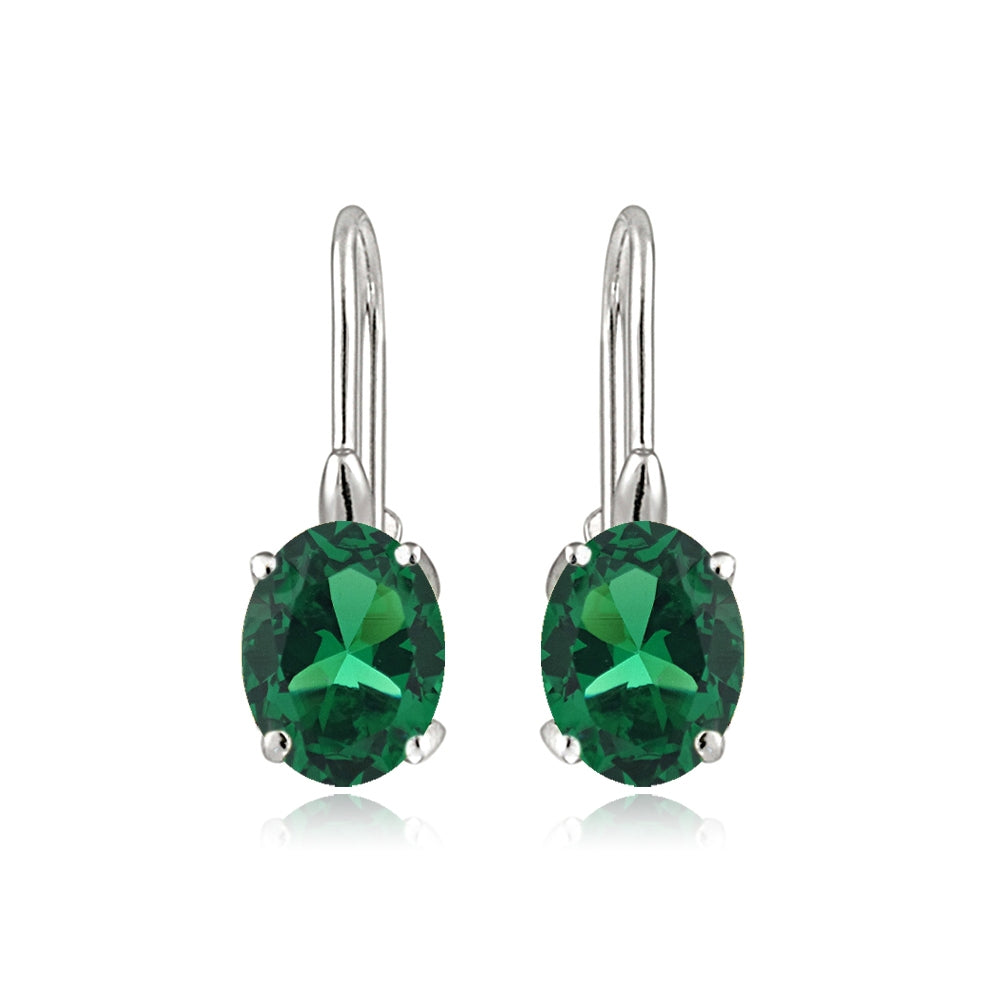 Sterling Silver Created Emerald 8x6mm Oval Leverback Earrings-2