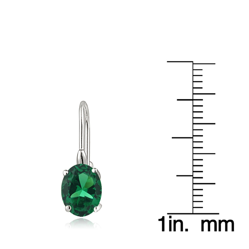 Sterling Silver Created Emerald 8x6mm Oval Leverback Earrings-4