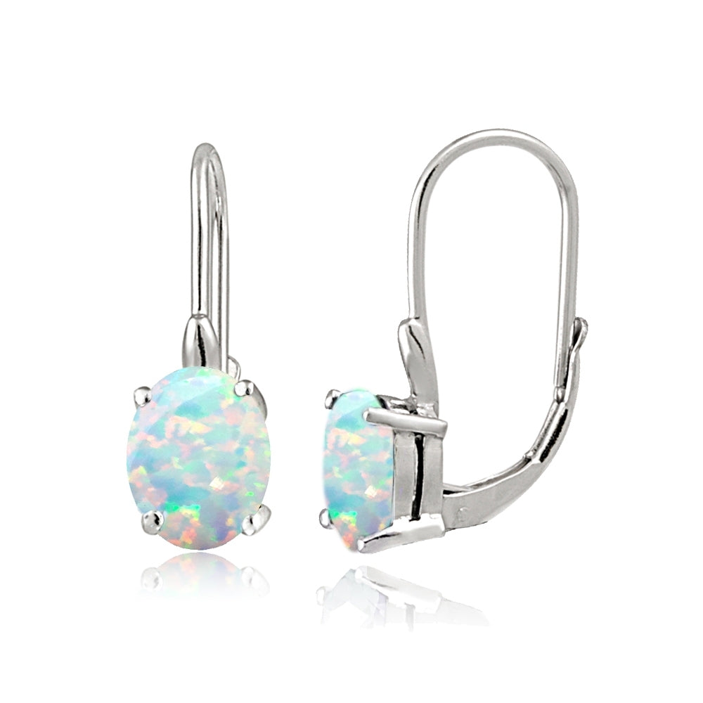Sterling Silver Created Opal 8x6mm Oval Leverback Earrings