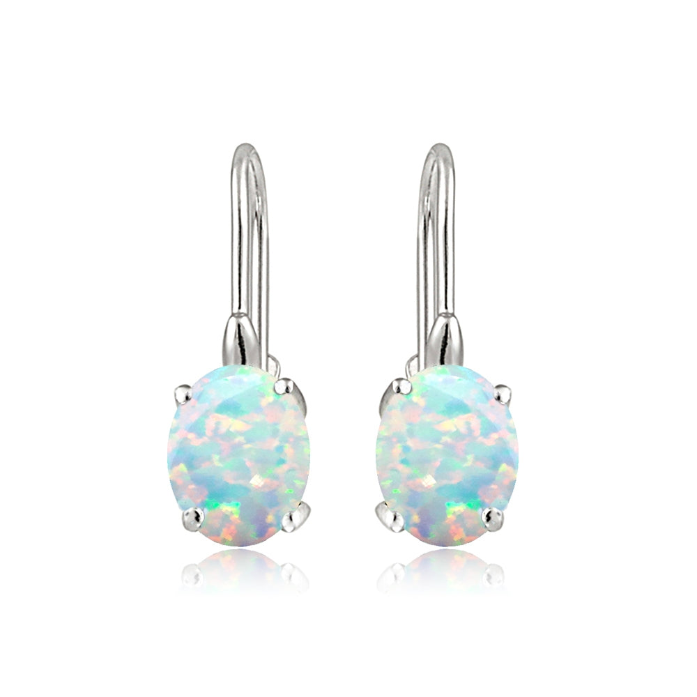 Sterling Silver Created Opal 8x6mm Oval Leverback Earrings-2