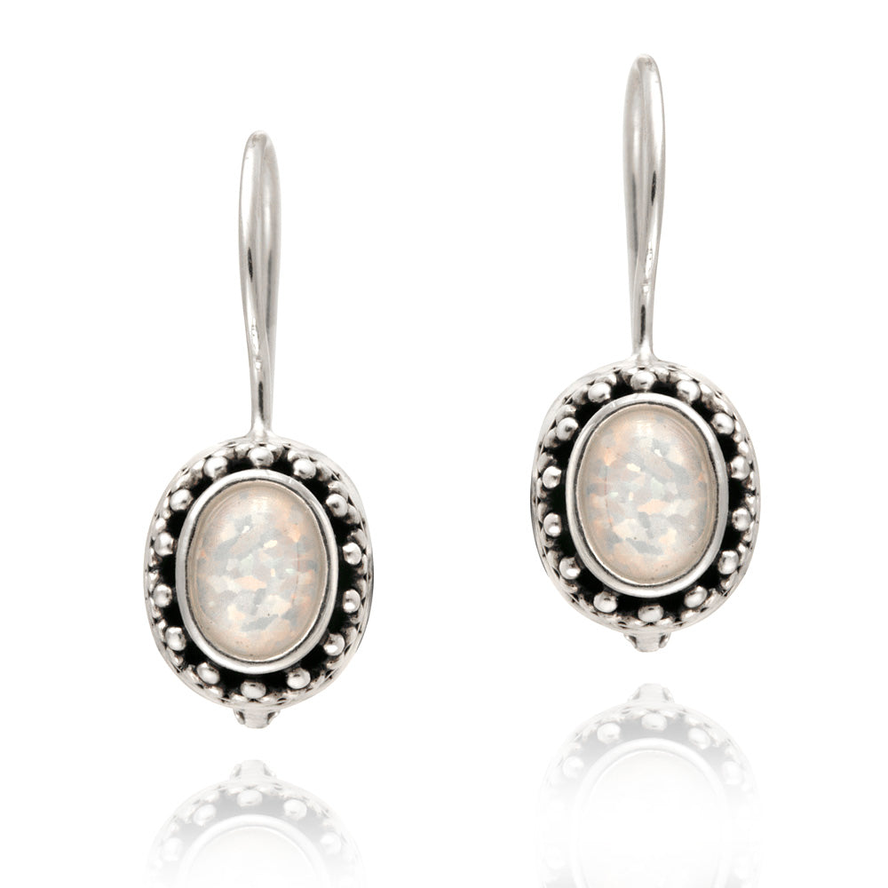 Sterling Silver Created White Opal Bali Bead Oval Leverback Earrings-2