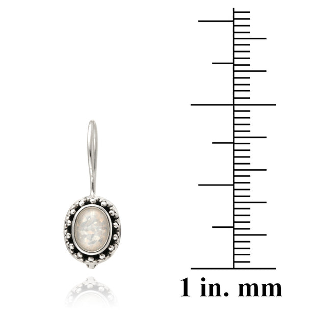 Sterling Silver Created White Opal Bali Bead Oval Leverback Earrings