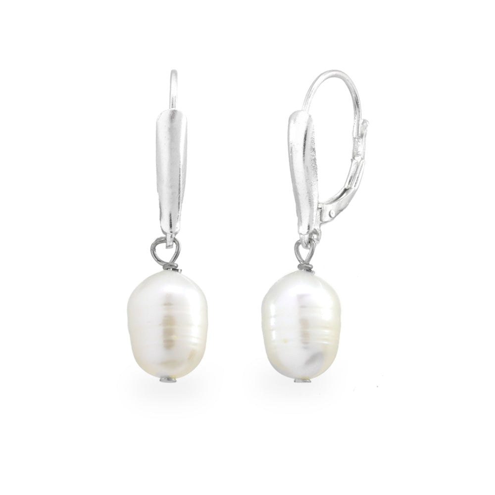 Sterling Silver White Freshwater Cultured Pearl Lever-Back Earrings