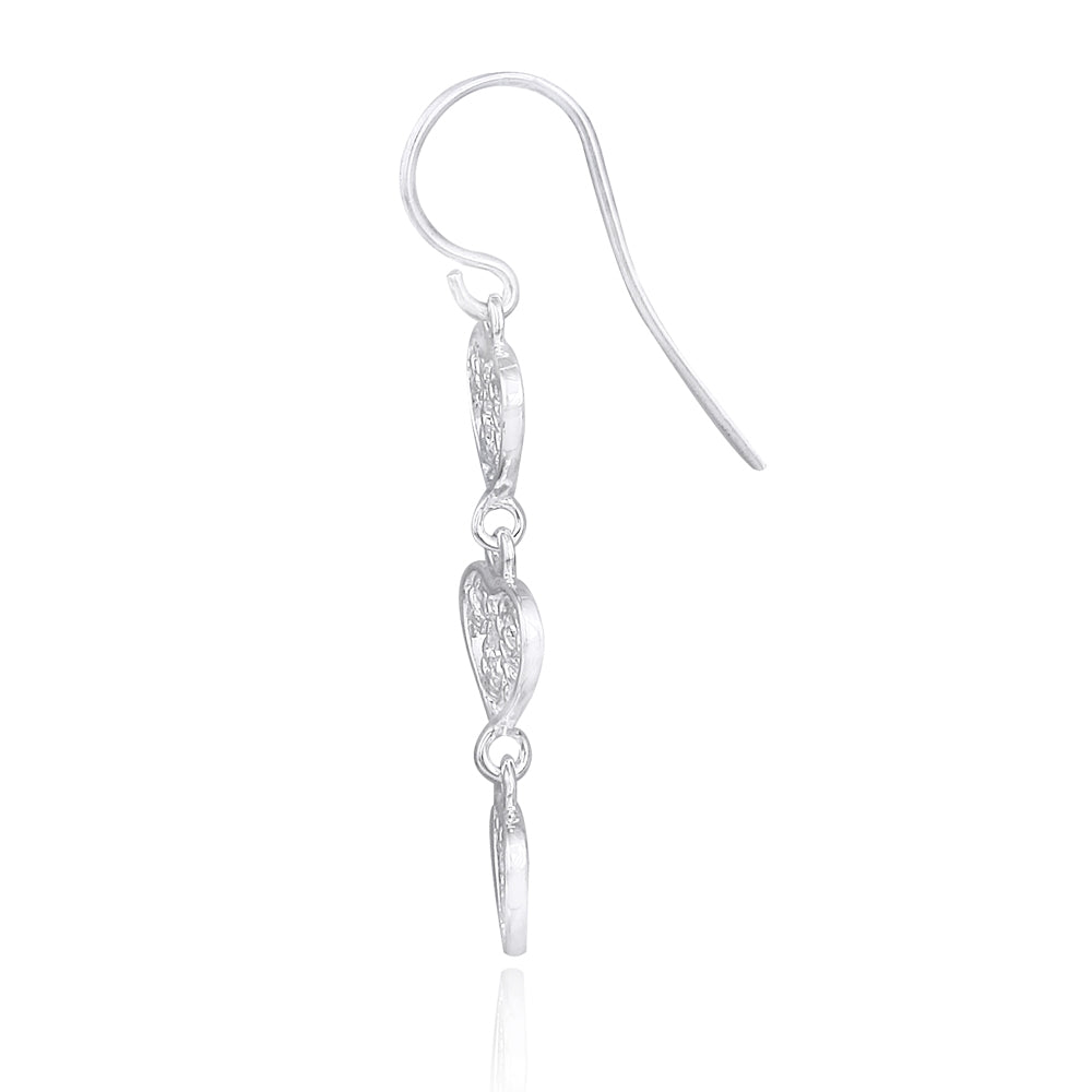 Sterling Silver 3 Filigree Hearts Dangle Earrings-2