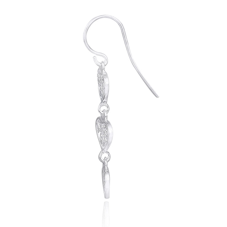 Sterling Silver 3 Filigree Hearts Dangle Earrings