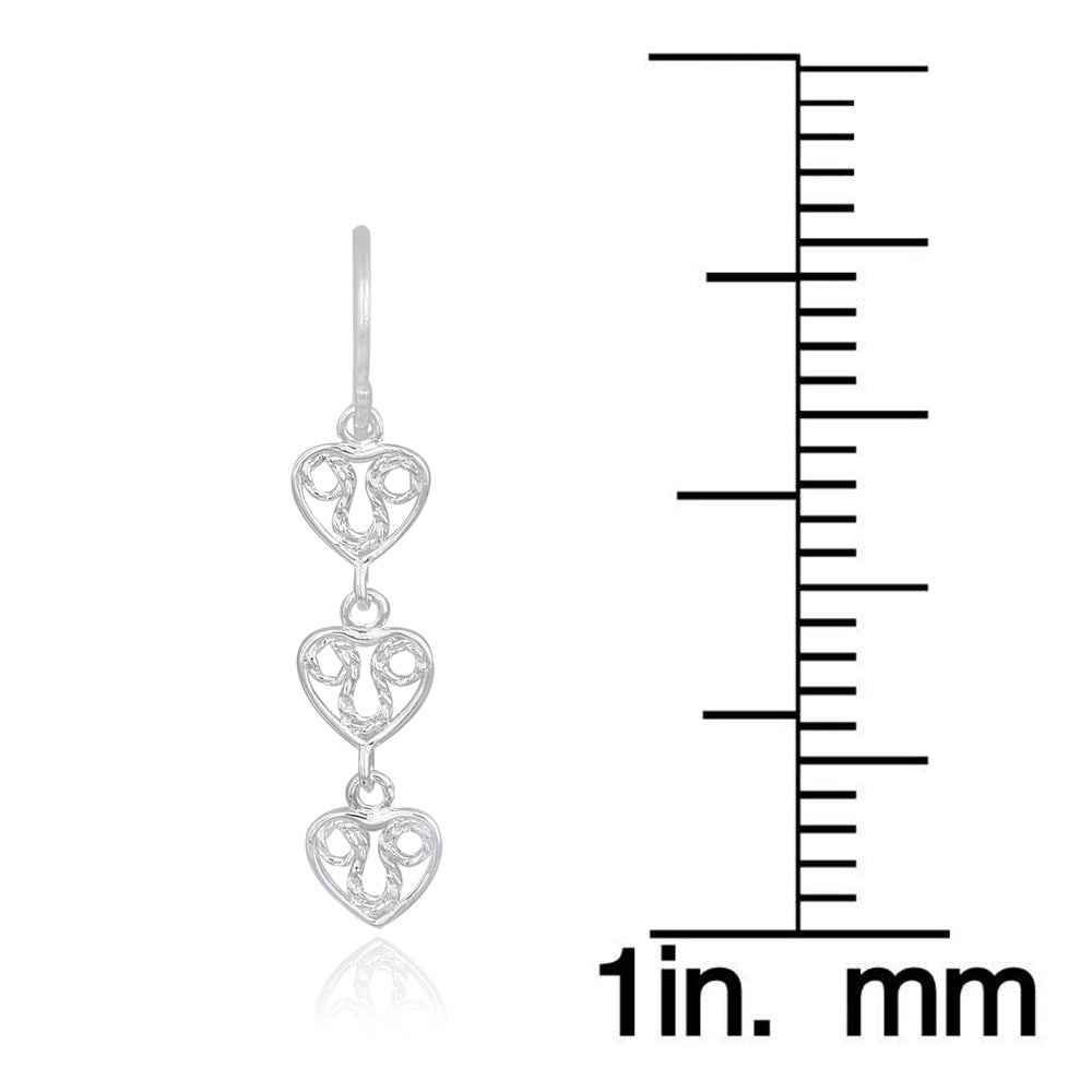 Sterling Silver 3 Filigree Hearts Dangle Earrings-3
