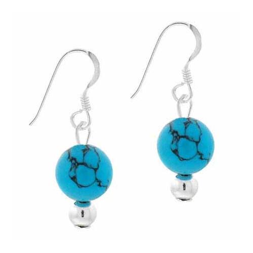 Sterling Silver 6mm Reconstituted Turquoise Stone Bead Dangle Earrings