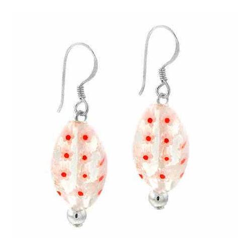 Sterling Silver White & Red Murano Glass Oval Bead Millefiori  Earrings