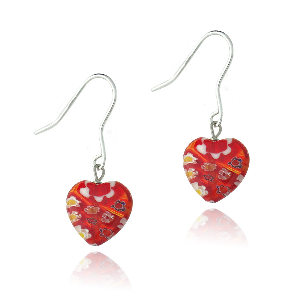 Sterling Silver Murano Glass Red Oval Flower Millefiori Heart Earrings