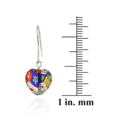 Sterling Silver Multi-Color Millefiori Murano Glass Heart Earrings-3