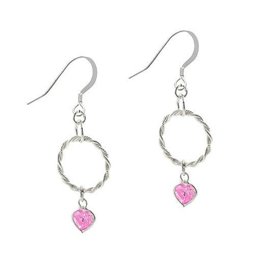 Sterling Silver Pink CZ Heart & Twist Hoop Dangle Earrings