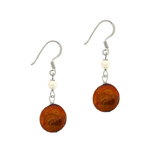 Sterling Silver Freshwater Cultured Amber & White Coin Pearl Dangle Earrings