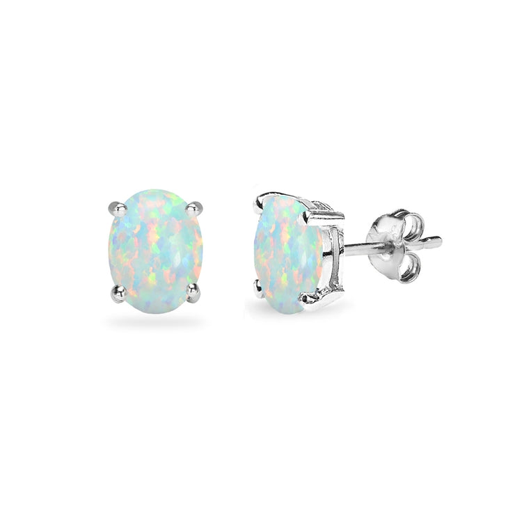 Sterling Silver Created White Opal 6x4mm Oval-Cut Solitaire Stud Earrings