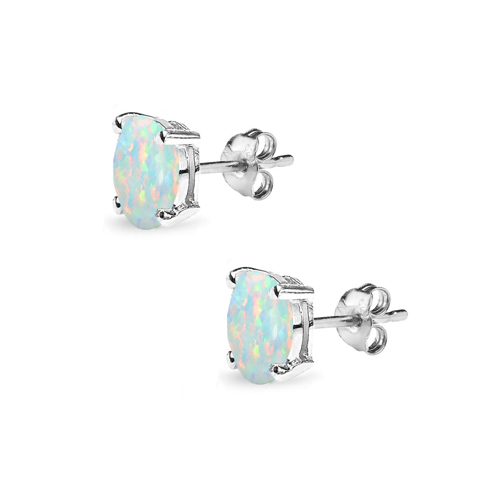 Sterling Silver Created White Opal 6x4mm Oval-Cut Solitaire Stud Earrings-2