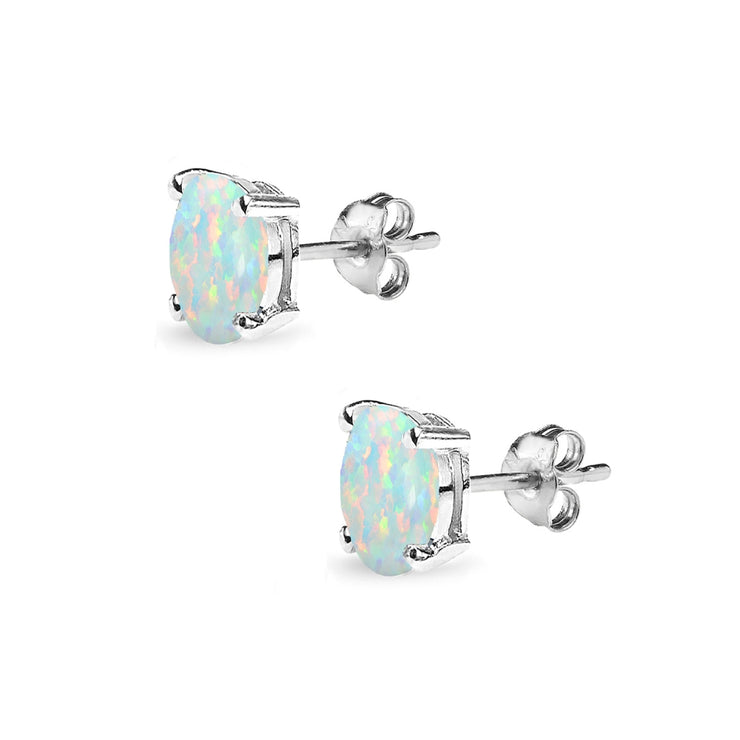 Sterling Silver Created White Opal 6x4mm Oval-Cut Solitaire Stud Earrings