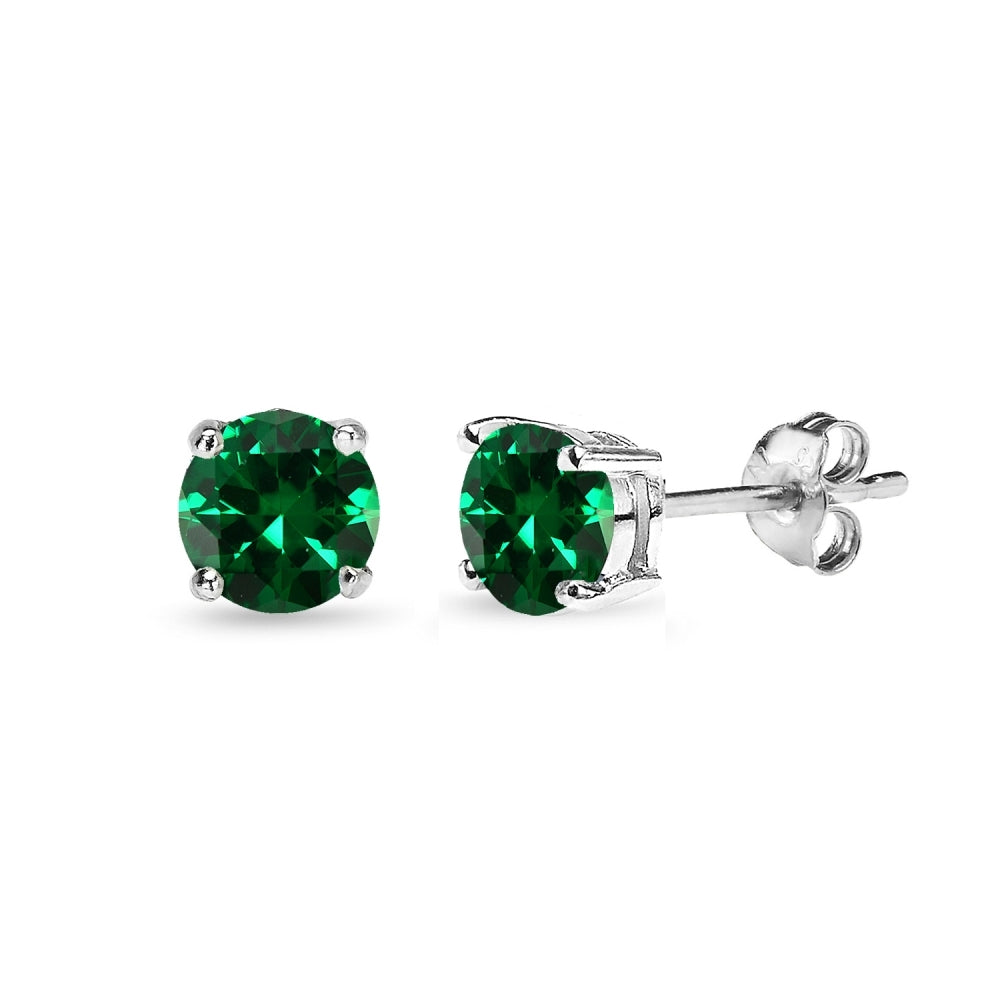 Sterling Silver Created Emerald 5mm Round-Cut Solitaire Stud Earrings-2