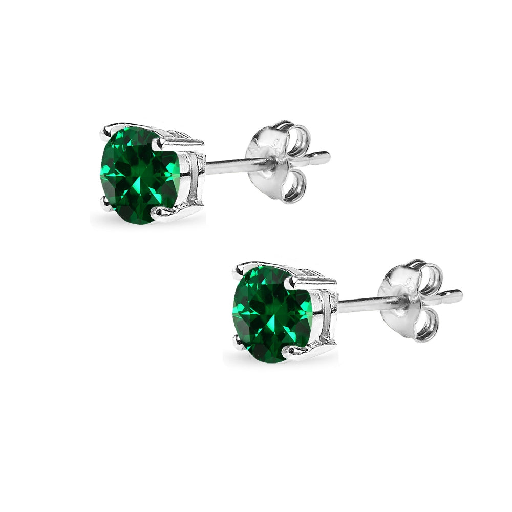 Sterling Silver Created Emerald 5mm Round-Cut Solitaire Stud Earrings-3