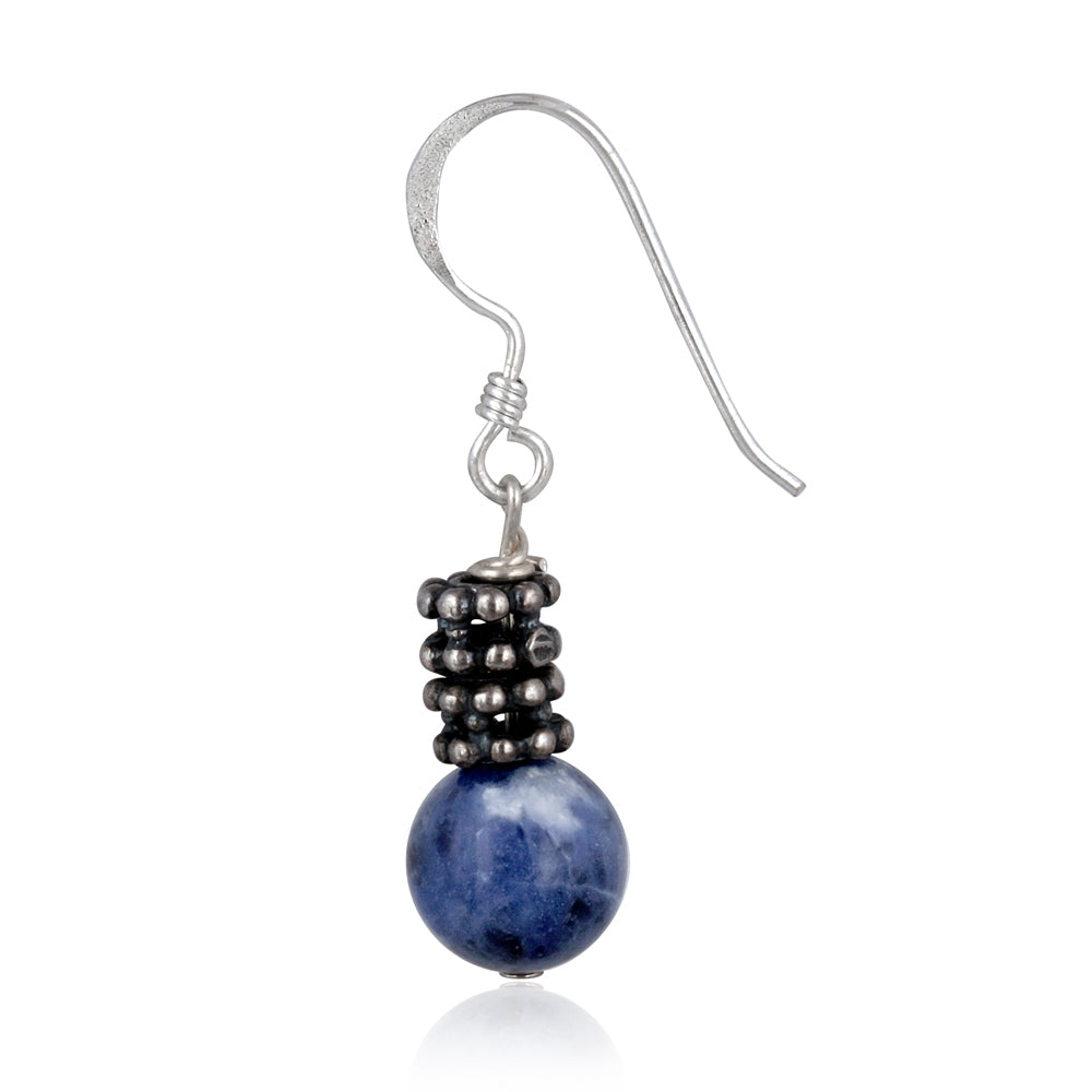 Sterling Silver 8mm Sodalite Bali Bead Dangle Earrings-2