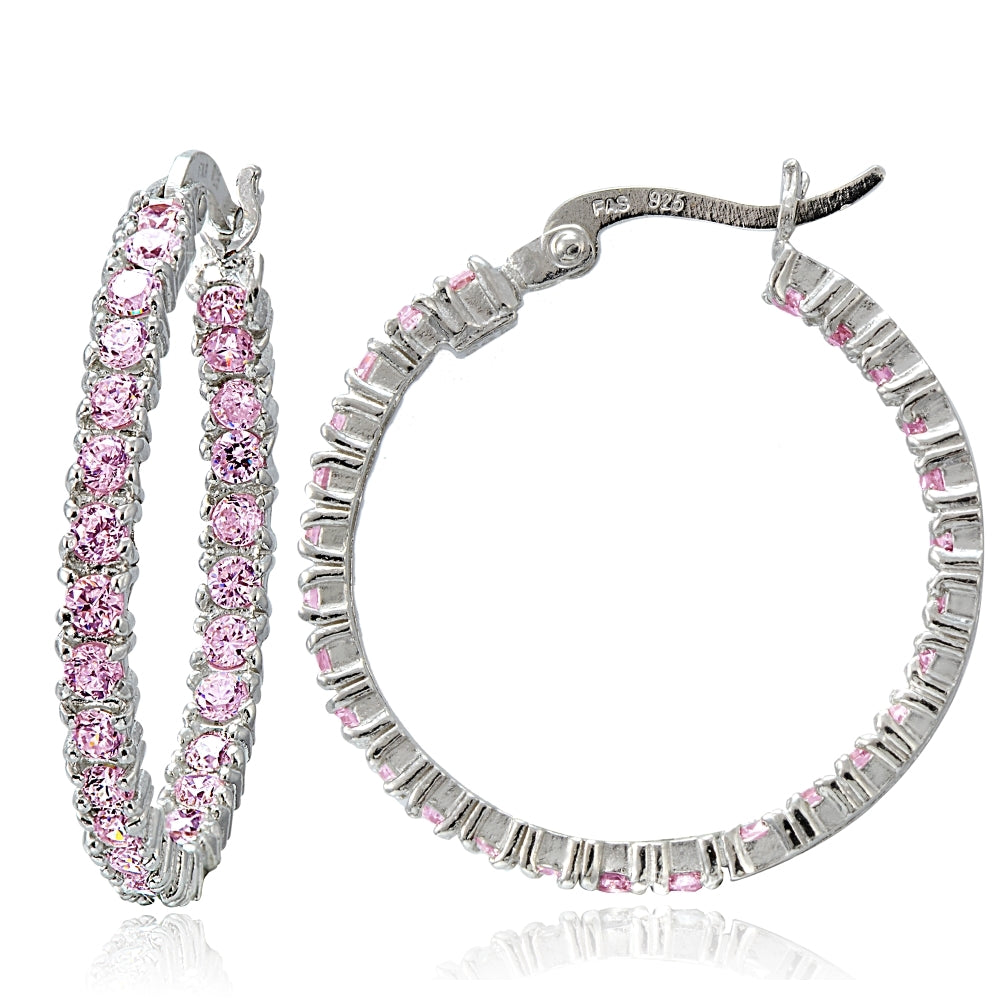 Sterling Silver Light Pink Cubic Zirconia Round Hoop Earrings, 25mm