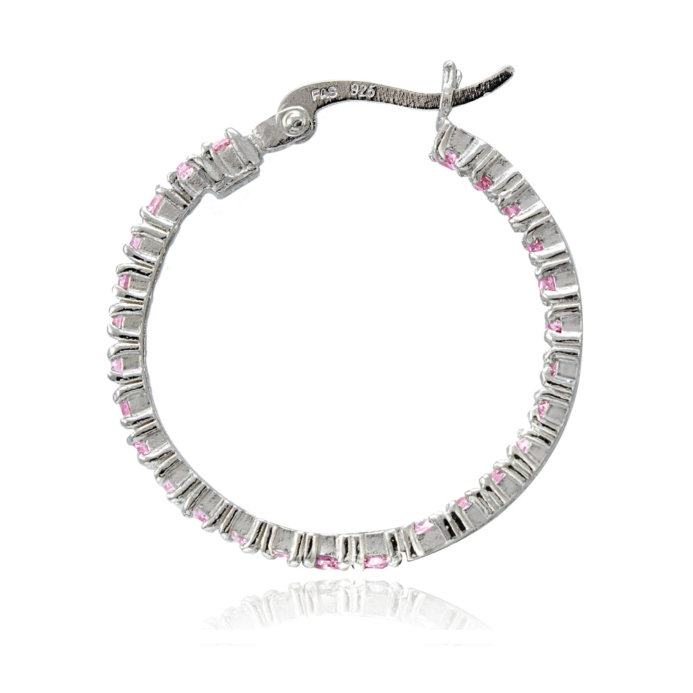 Sterling Silver Light Pink Cubic Zirconia Round Hoop Earrings, 25mm-2