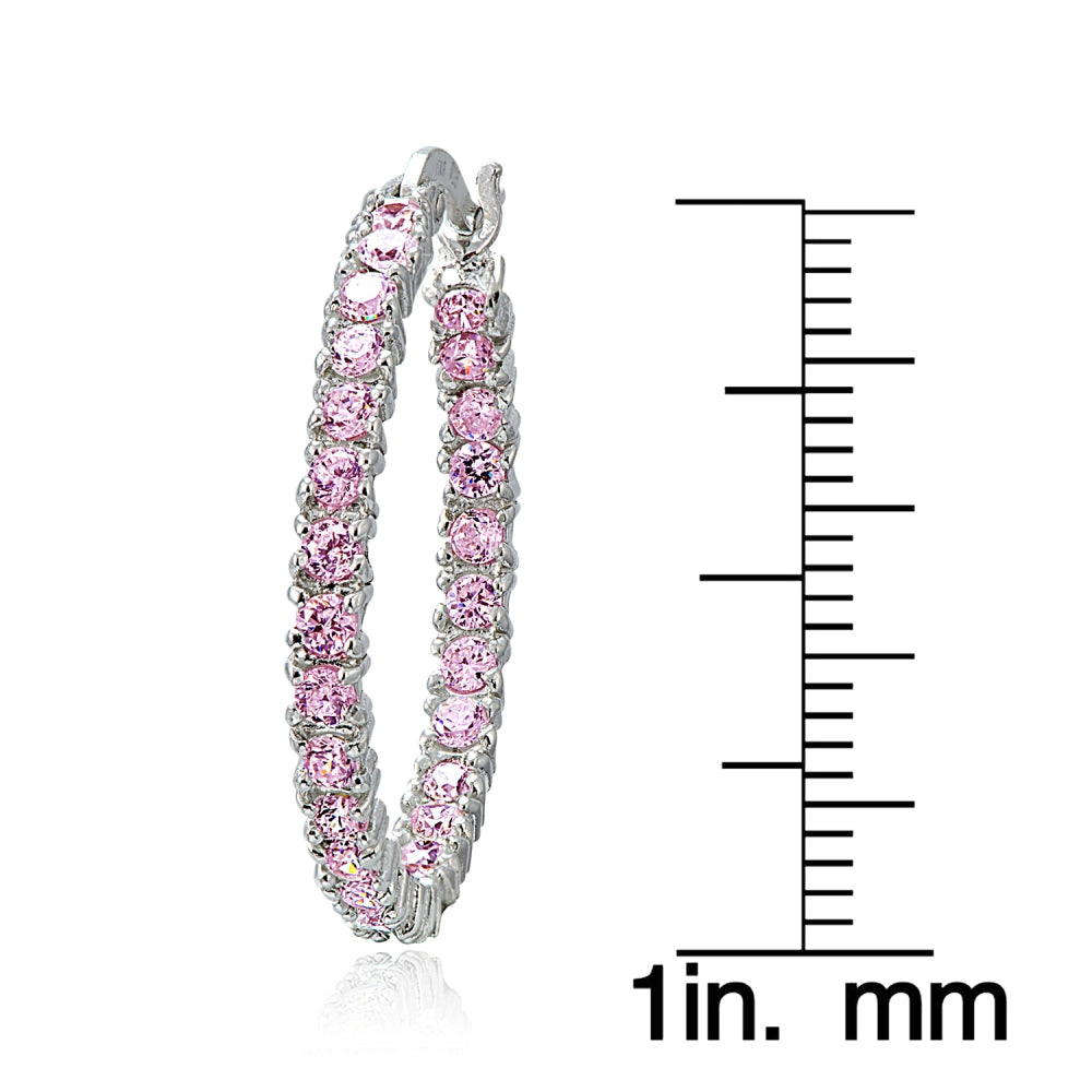 Sterling Silver Light Pink Cubic Zirconia Round Hoop Earrings, 25mm-3