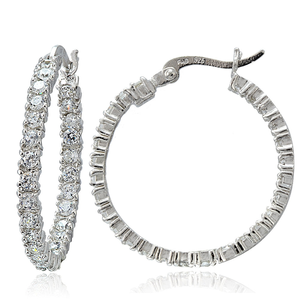 Sterling Silver Cubic Zirconia Round Hoop Earrings, 25mm