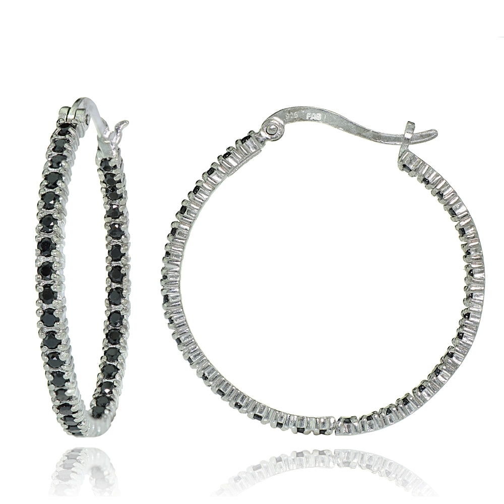 Sterling Silver Black Cubic Zirconia Inside Out 30mm Round Hoop Earrings
