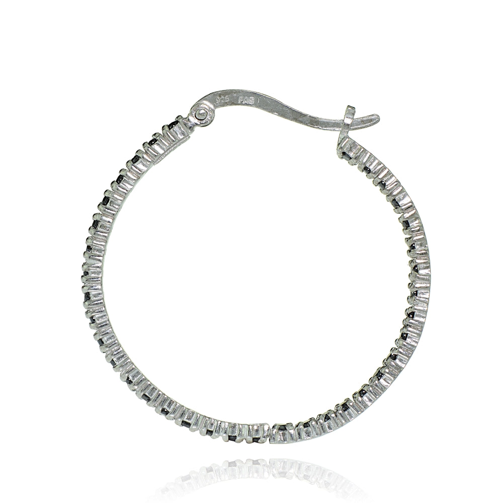 Sterling Silver Black Cubic Zirconia Inside Out 30mm Round Hoop Earrings-2